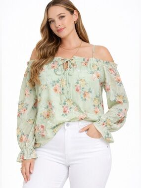 Lumiere Off The Shoulder Green Floral Top Size M NWT Boho Blouse
